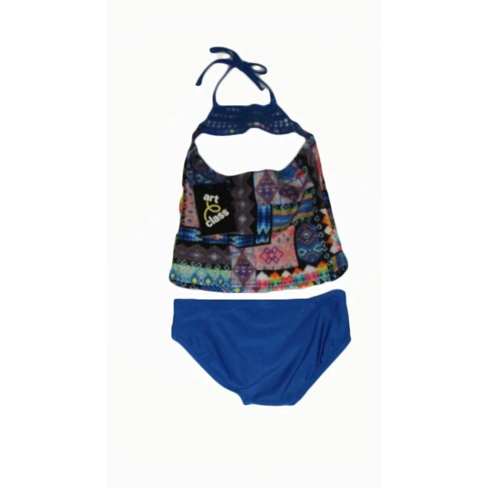 Art Class Little Girl Blue Geometric Patchwork Crochet Halter Tankini Set XS 4/5